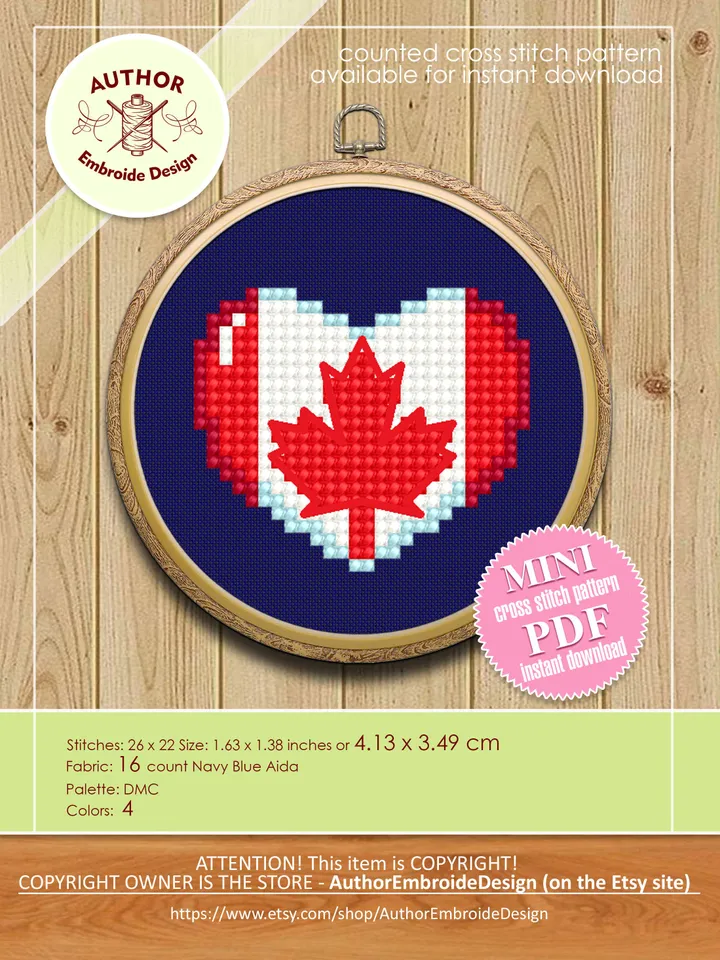 Patriotic cross stitch pattern PDF download Canadian flag heart cross stitch, Mini heart Ukrainian flag embroidery, Independence Day #T24