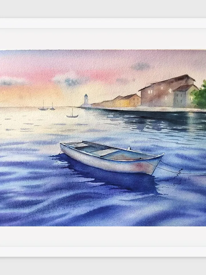 Sea Landsape Painting Original Watercolor Art Sea Sunset in Watercolor 10.62x15.35 in by Art Café