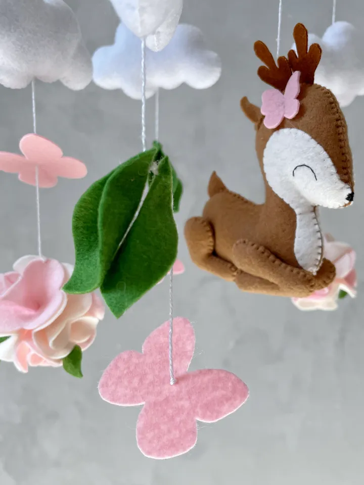 Deer mobile baby girl with flowers and butterflies, Woodland crib mobile girl