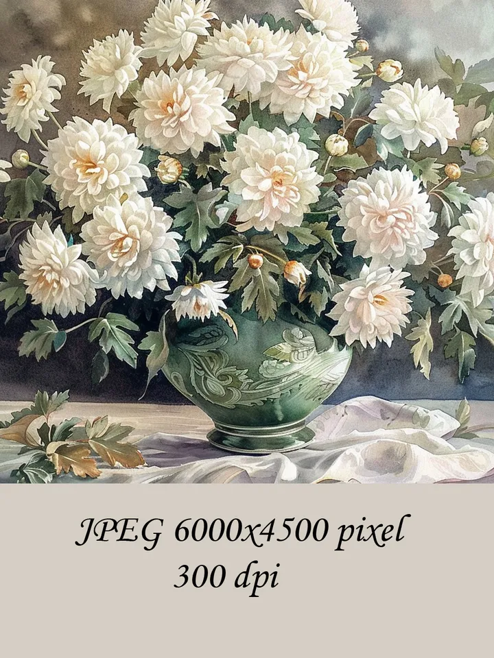 Bouquet of white chrysanthemum in a vase watercolor drawing, digital illustration, digital painting , wall art decoration. AI