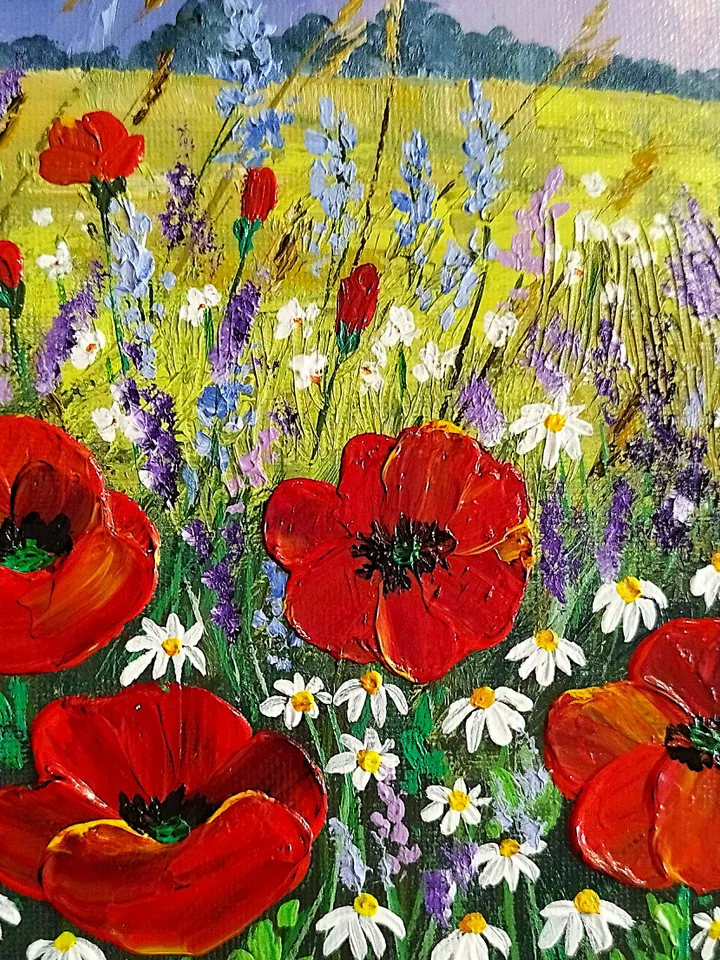Wildflowers Textured Landscape Painting | Wall Art Decor