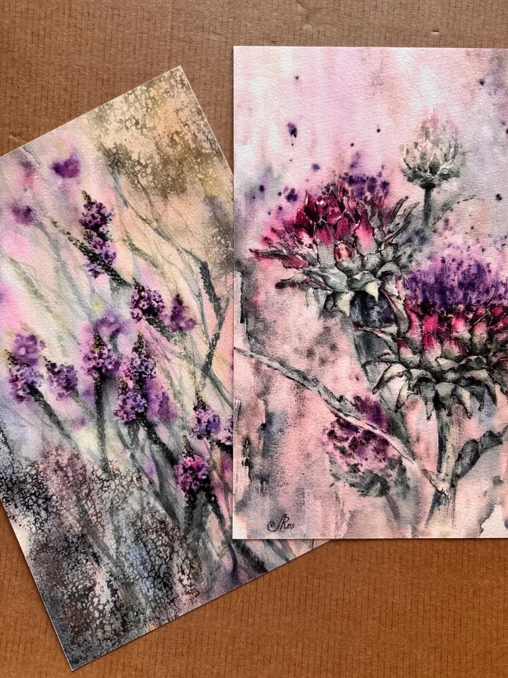Flowers Watercolor Painting Floral Set of 2 Prints Wildflowers Wall art  Flowers Prints Artichoke Art