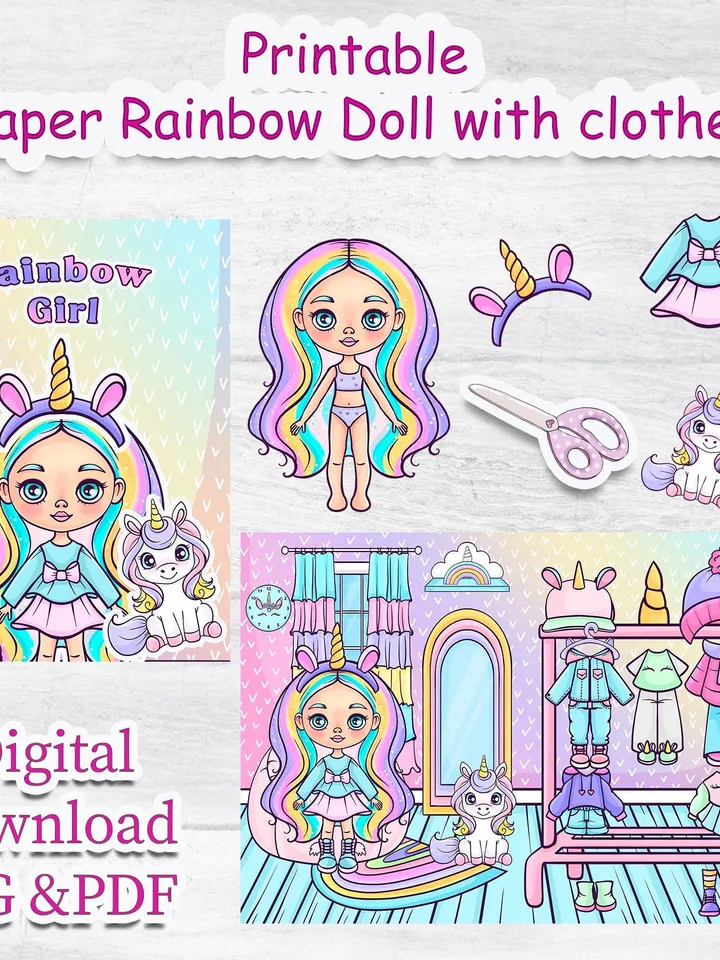 Unicorn paper doll clothes cut out, Printable Blythe paper doll digital PDF instant download, printable doll house, Busy book activity, DIY