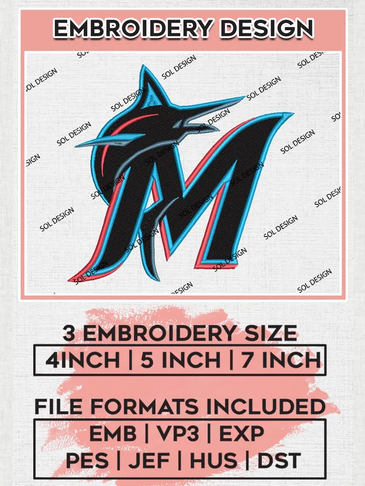 MLB Miami Marlins Mascot Logo Embroidery Files, MLB Miami Marlins Team Embroidery, MLB Teams, 3 sizes, MLB Machine embroidery designs, Digital Download