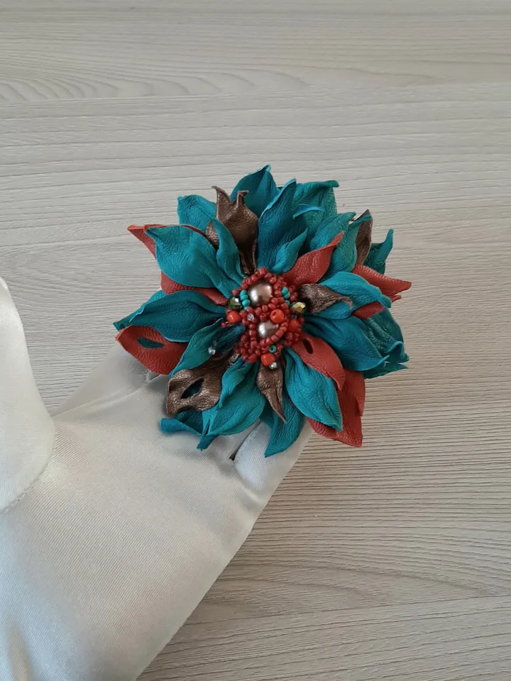 Turquoise leather brooch for her , 3rd anniversary gift for wife, Leather women's jewelry