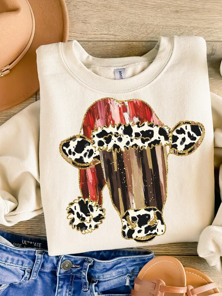 Colorful Coquette glitter cow png girls brushstroke mooey christmas design cow Christmas winter png bow acrylic brushstroke cow western