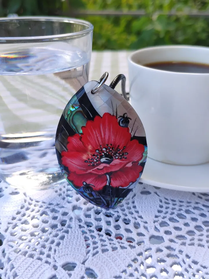 Pearl pendant necklace: Big red poppy flower on handmade necklace • Hand painted statement jewelry for dress • unique trendy floral necklace