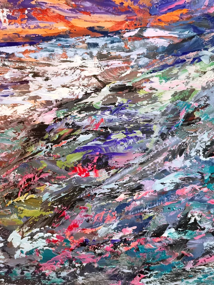 Sailboat Mountain Flowers Sunset Original Art Oil Painting Artist Svinar Oksana