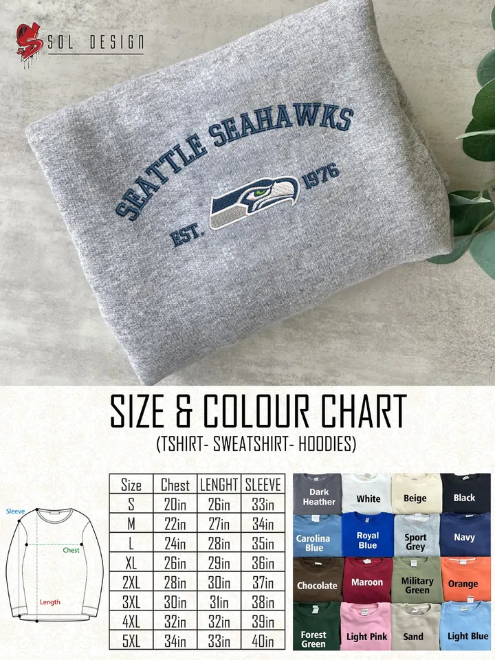 NFL Seattle Seahawks Est 1976 Embroidered Sweatshirt, NFL Seattle Seahawks Team Embroidered Shirt, Unisex Game Day Crewneck, Football Fan Gift Tee