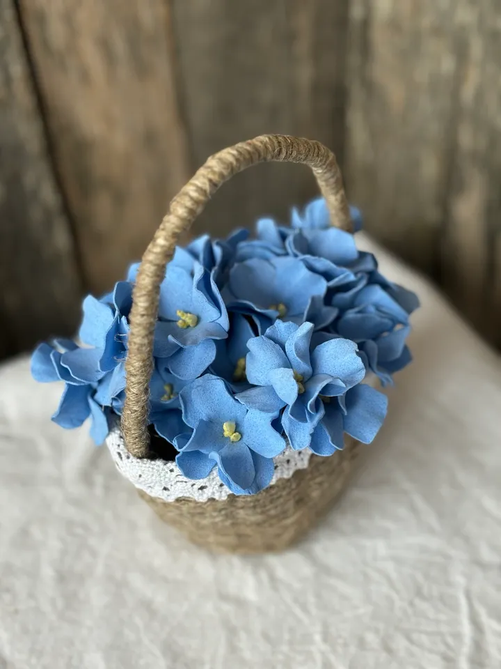 Handcrafted Blue Violet Floral Arrangement in Basket – Unique Gift for Her. Mother's day gifts Home decor indoor