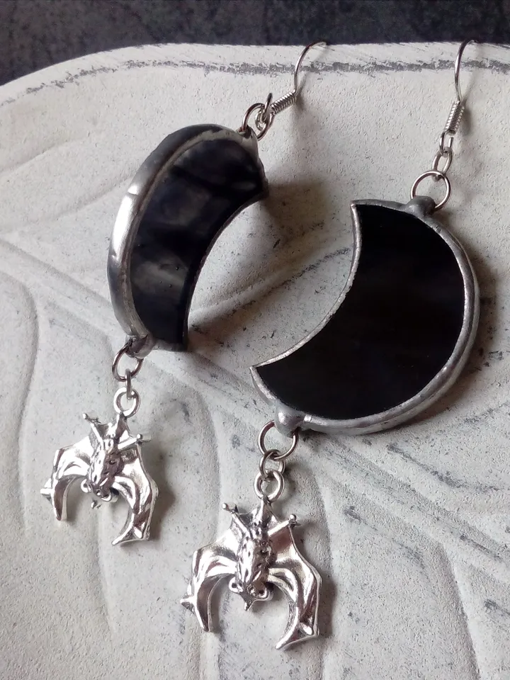 Glass crescent earrings, Bat earrings, Black crecsent, Witchy aesthetic, Witch earrings, Goth moon earrings, Halloween