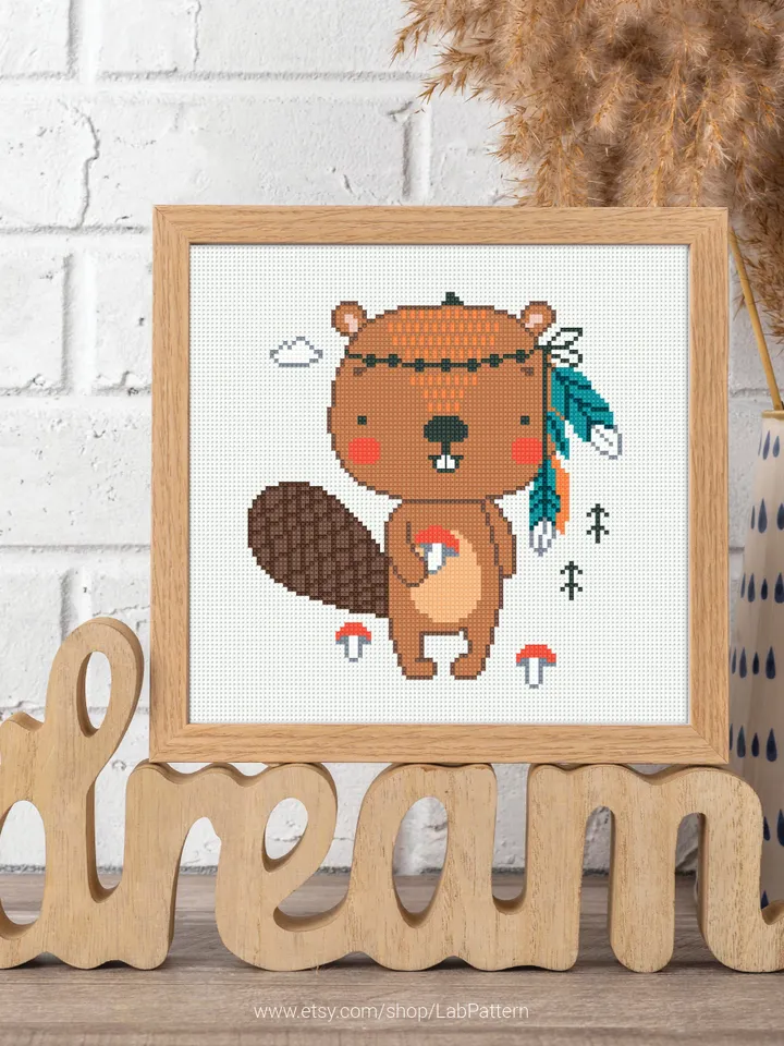 Beaver Boho Style aesthetic cross stitch pattern, baby, animal, boy girl nursery decor, counted, chart, gift DIY, embroidery, instant PDF