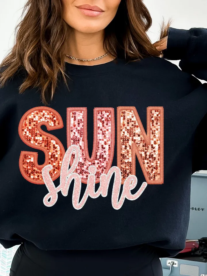 Sunshine PNG Faux Sequins Embroidered Letters Springbreak Shirt Design Sunshine Shirt Design Here summer png, boho png,retro png sublimation
