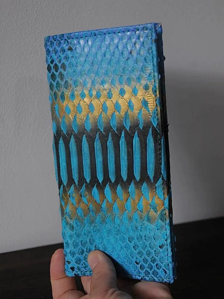Genuine python skin flat unisex turquoise wallet / small money reptile blue purse / exotic leather snakeprint / cardholder gift idea