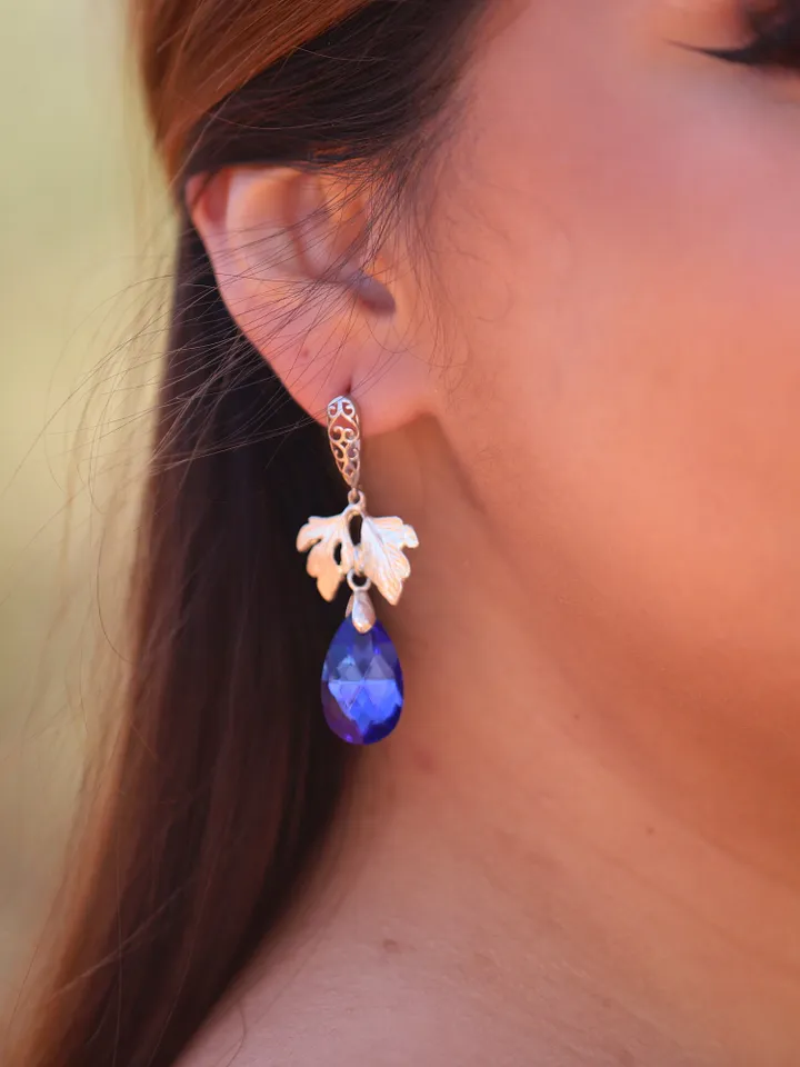 Boho Wedding Earrings, Silver Gold Blue Leaf Wedding Earrings, Flower Teardrop Bridal Earrings, Swarovski Crystal Statement Wedding Jewelry