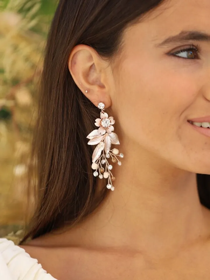 Boho Wedding Earrings For Brides, Rose Gold Chandelier Statement Floral Bridal Earrings, Flower Statement Wedding Jewelry, Vintage Jewellery