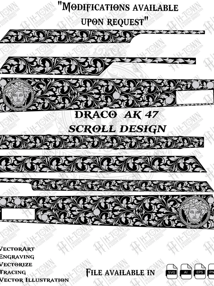 Draco AK47 Engraving Design: Medusa & Floral Scroll (Digital File SVG/PNG/EPS/AI8