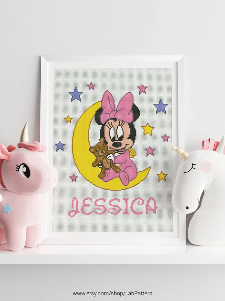 Minnie Birth announcement cross stitch pattern, Mouse, baby, personalized, girl nursery, counted, chart, gift DIY, embroidery, instant PDF