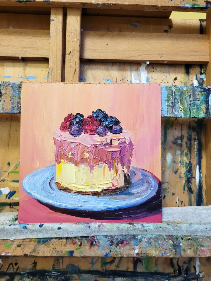 Cake Painting Food Original Art Impasto Artwork 6x6 Kitchen Wall Art Bakery Art Dessert Painting Fruit Wall Art Funky Painting by ArtFromVictoria