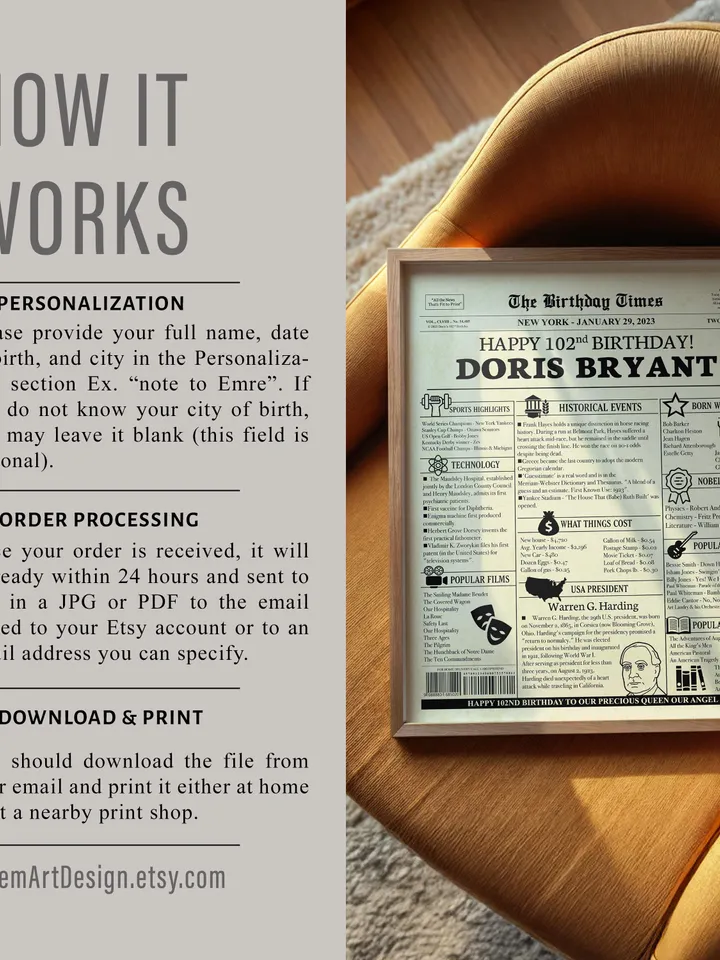 102nd Birthday Newspaper Poster Born in 1923 Printable Birthday Decor Unique 102 Year Old Gift for Grandma or Grandpa Back in 1923 Sign