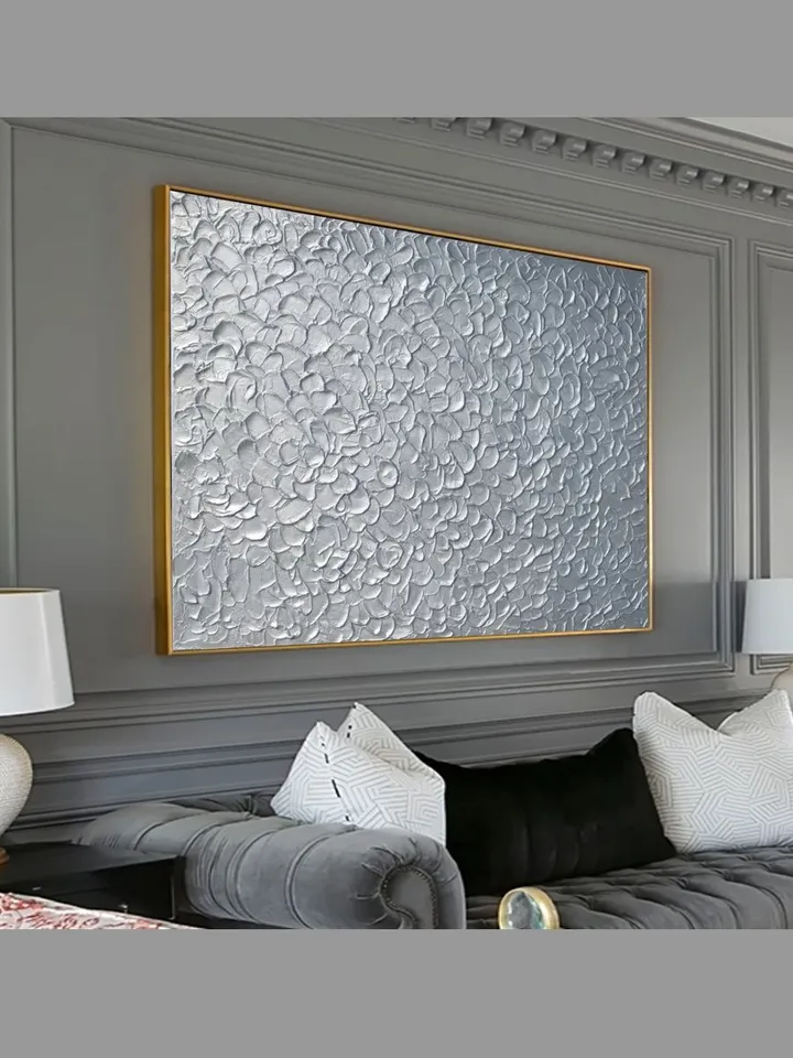 Silver Abstract Wall Art Glittery Silver Painting Textured artwork | Living room wall art Light Silver home decor