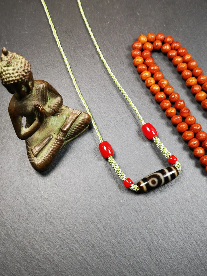 Gandhanra Antique Tibetan 2 Eyed Dzi Bead Necklace, 1.2" x 0.43", 30 Years Old