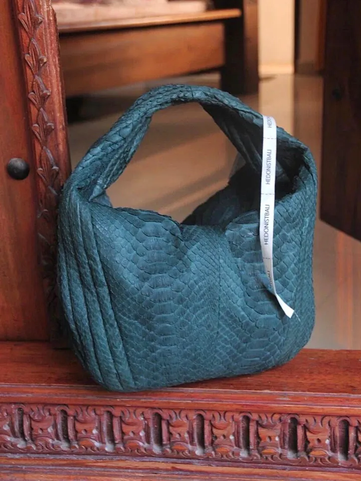 Medium Soft Hobo Classy Sport Woman Stitched Bag | Purse Genuine Python Skin | Dewi Green Big Elegant Leather Designer Soft Bag Snake |