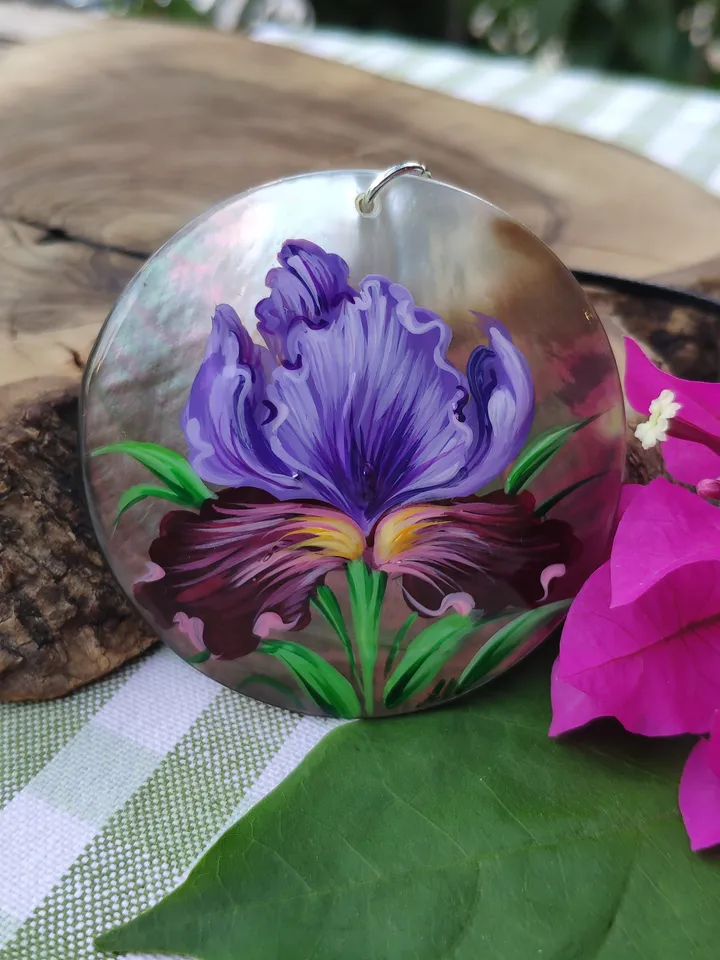Pearl pendant necklace: Purple iris flower hand painted on dainty necklace • trendy art jewelry fitting for cute dress • fresh floral style