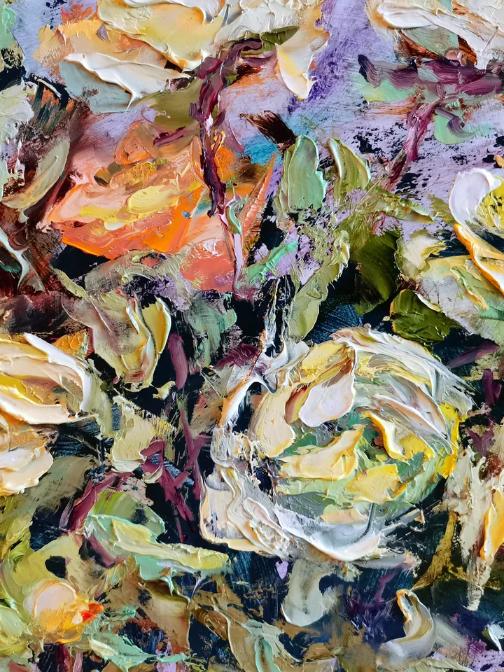 Yellow Roses Flower Bouquet Oil Painting Impasto Original Artist Svinar Oksana