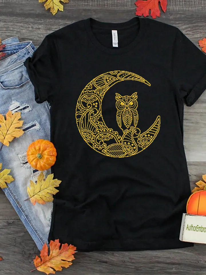Crescent moon cross stitch pattern download PDF Mandala pattern PDF, Monochrome embroidery beginner, Owl cross stitch chart, Home decor #M95