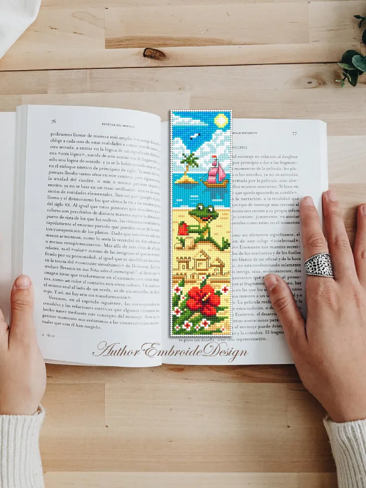 Summer bookmark cross stitch pattern PDF download Funny frog cross stitch chart, Beach bookmark pattern digital PDF, Sand castle #B450