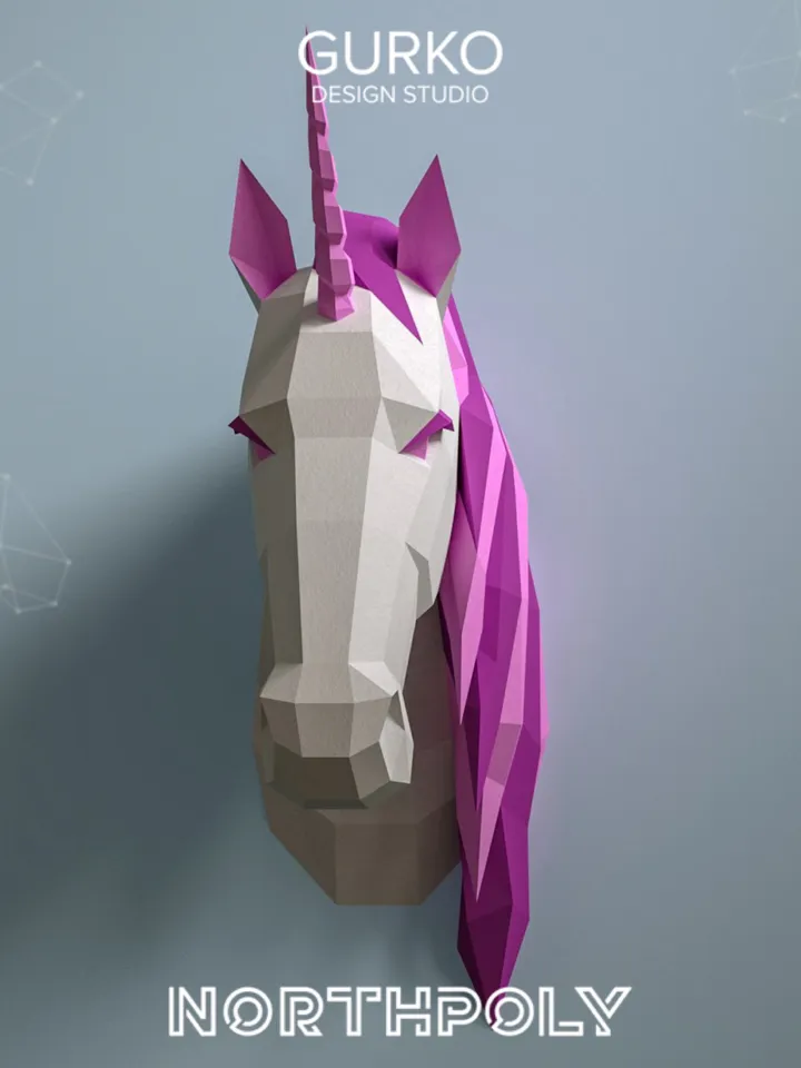 Unicorn Head Papercraft, Digital Template, PDF Download, Gurko, Trophy, 3D Low Poly, Pepakura, DIY Origami, Paper Decor, DIY Gift