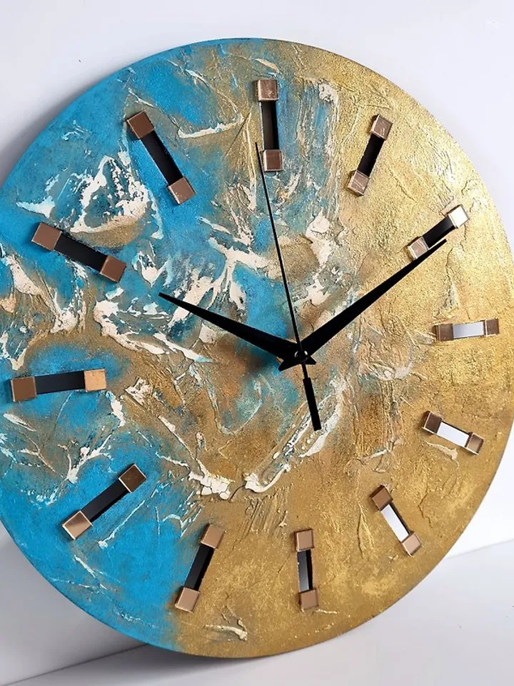 Textural blue wall clock Hand painted clock Unique abstract artistic wall clock