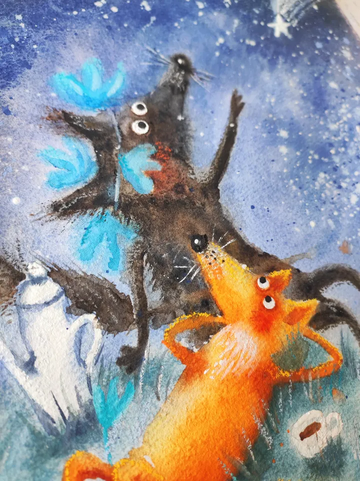 27x27cm Artwork by Julia Schigal "A Shooting Star" - watercolor, gouache, pastel