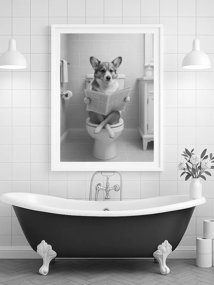 Funny Dog Reading on Toilet Wall Art, Corgi Bathroom Humor Print, Pet Lover Digital Download