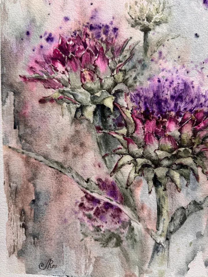 Artichoke Art Flowers Original Painting Wildflowers Wall Art  Meadow Painting
