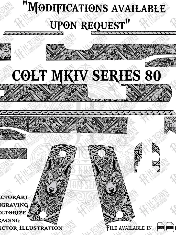 Colt MKIV Series 80 Wolf Engraving Vector | Tribal Gun Slide Grip Art | Svg Png AI EPS | Laser Engraving File | Custom 1911 Pistol Design