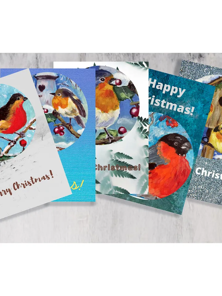 Christmas Cards with Birds Painting, Set of 5 Printable Holiday Cards, Digital greeting card, Printable Xmas cards