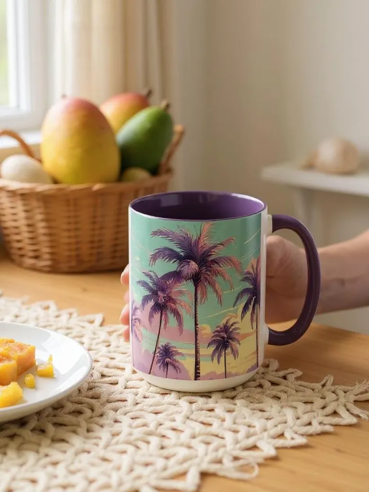 Retro Palm Tree Sunset Mug with 70s Aesthetic Coastal Vibes, Summer Pastel Boho Coffee Cup, Beach Lover Gift Idea, Home Decor, Gift For Her