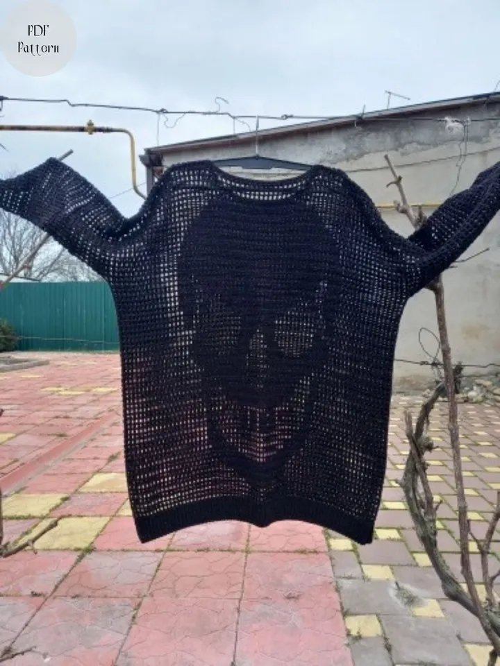 Crochet skull mesh sweater in cotton any size, PDF pattern