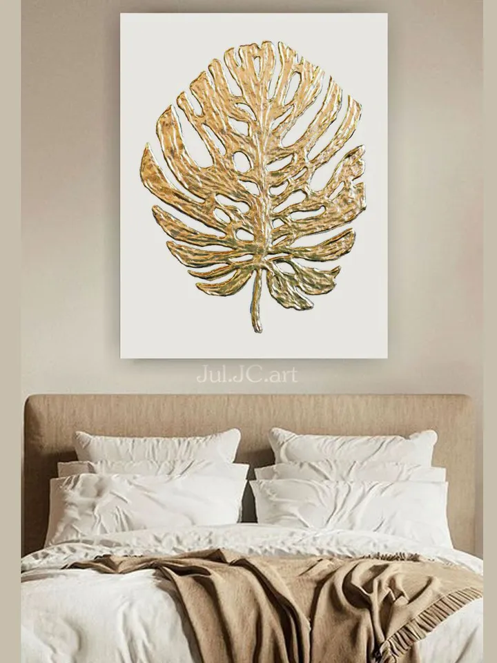 Golden Monstera Abstract Wall Art Floral Original Painting Textured artwork Gold Leaf Wall Art Modern wall decor