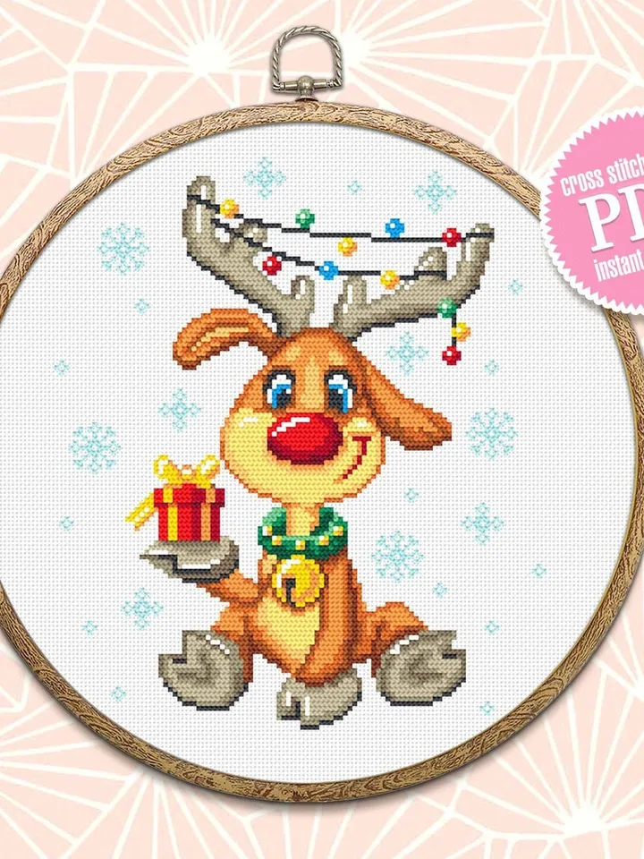 Cute Christmas deer cross stitch pattern download PDF Winter cross stitch chart, Funny Christmas pattern PDF, Easy embroidery beginner #N68