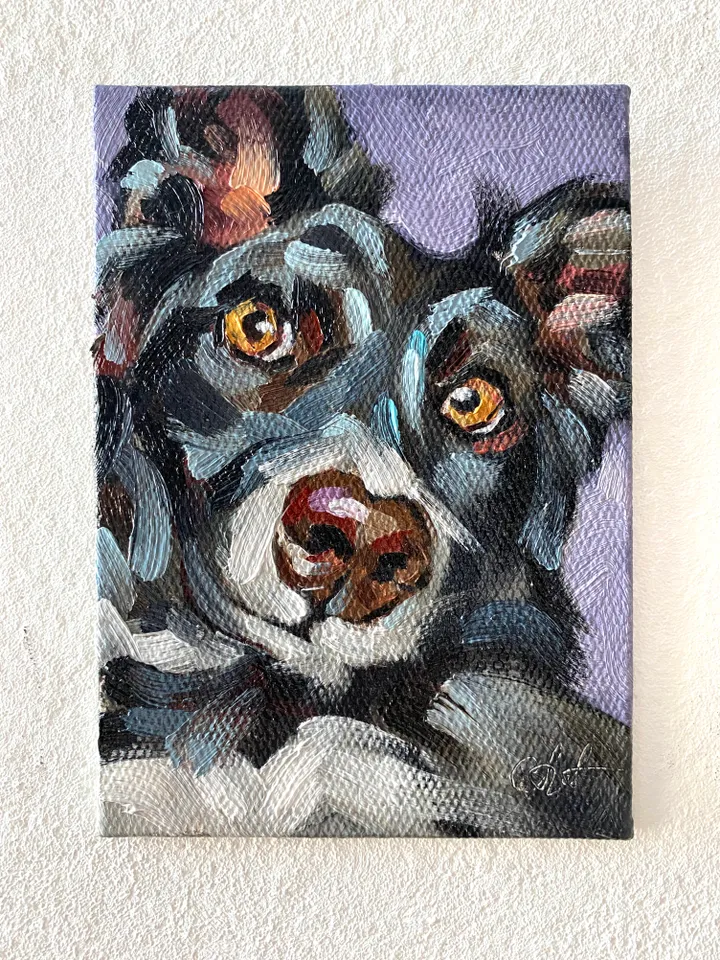 Dog oil painting original, Pet portrait artwork, Animal miniature wall art 4x6
