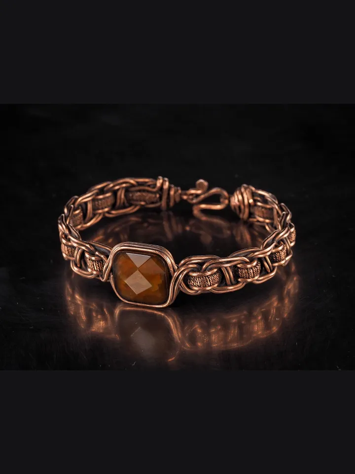 Copper wire wrapped brown agate bracelet Unique woven copper wire bangle