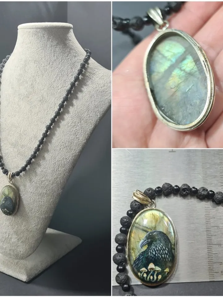 Raven necklace with toadstools Crow Viking Labradorite Shungite Lavastone