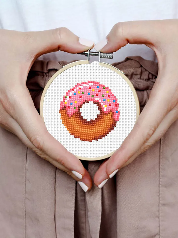 Pink donut small cross stitch pattern PDF Mini cross stitch chart, Minimalistic food cross stitch Instant download PDF, Beginner stitch #F3