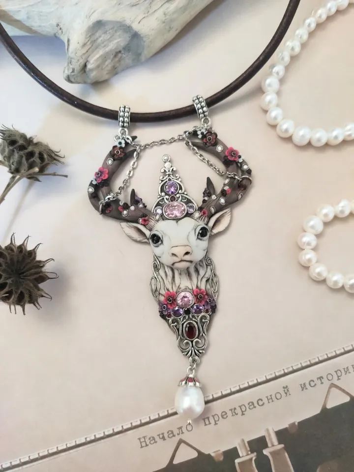 Deer pendant, Deer totem, Pearl pendant, necklace with stones, Ceitic deer amulet