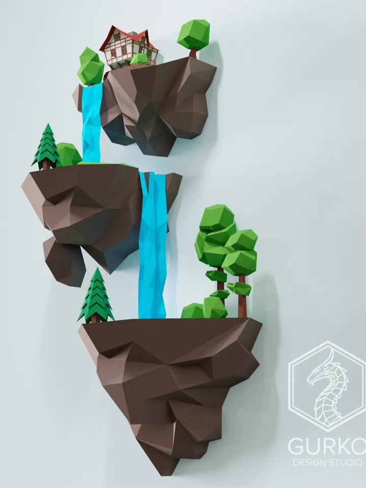 Papercraft Flying Island. Waterfall, Digital Template, PDF Download, Gurko, 3D Low Poly, Pepakura, DIY Origami Sculpture, Paper Decor, Gift