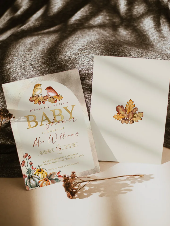 Little Pumpkin is on the way; Editable Autumn Pumpkin Baby Shower Invitation Template Canva; Fall 2022 Autumn Watercolor Pumpkin Invitation