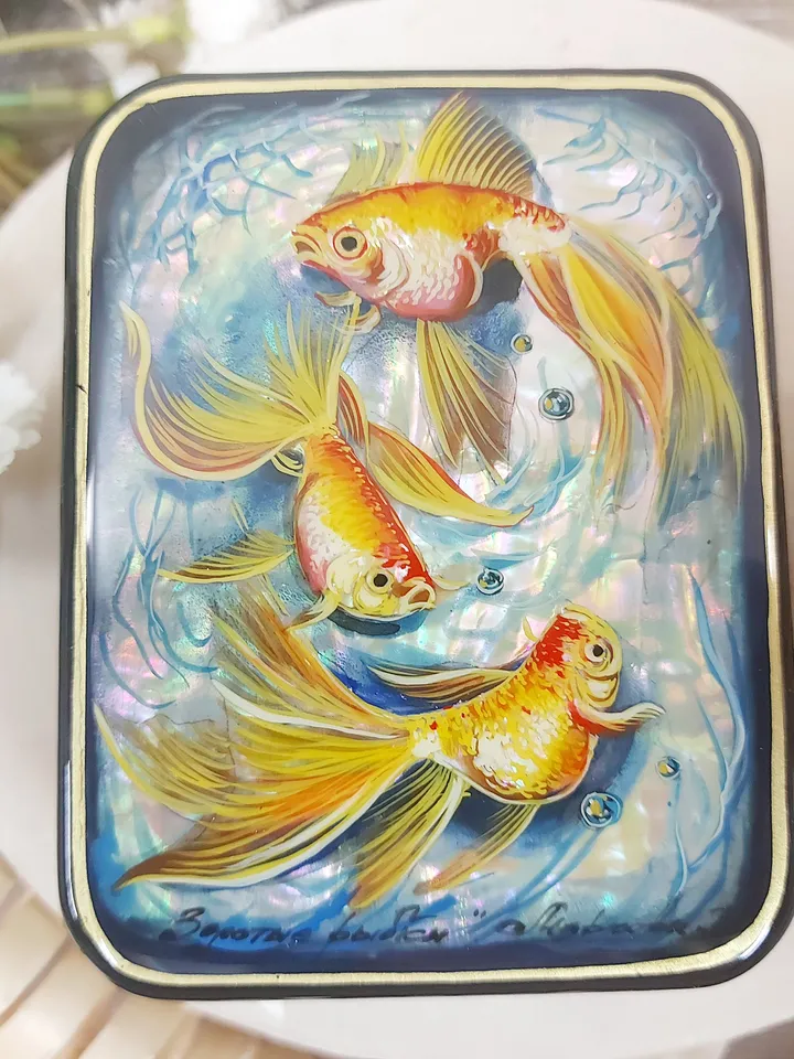 Beautiful Russian Lacquer Box "Fishes",Fedoskino miniature Hand painted ,box for jewelry Mother of pearl, Art gift
